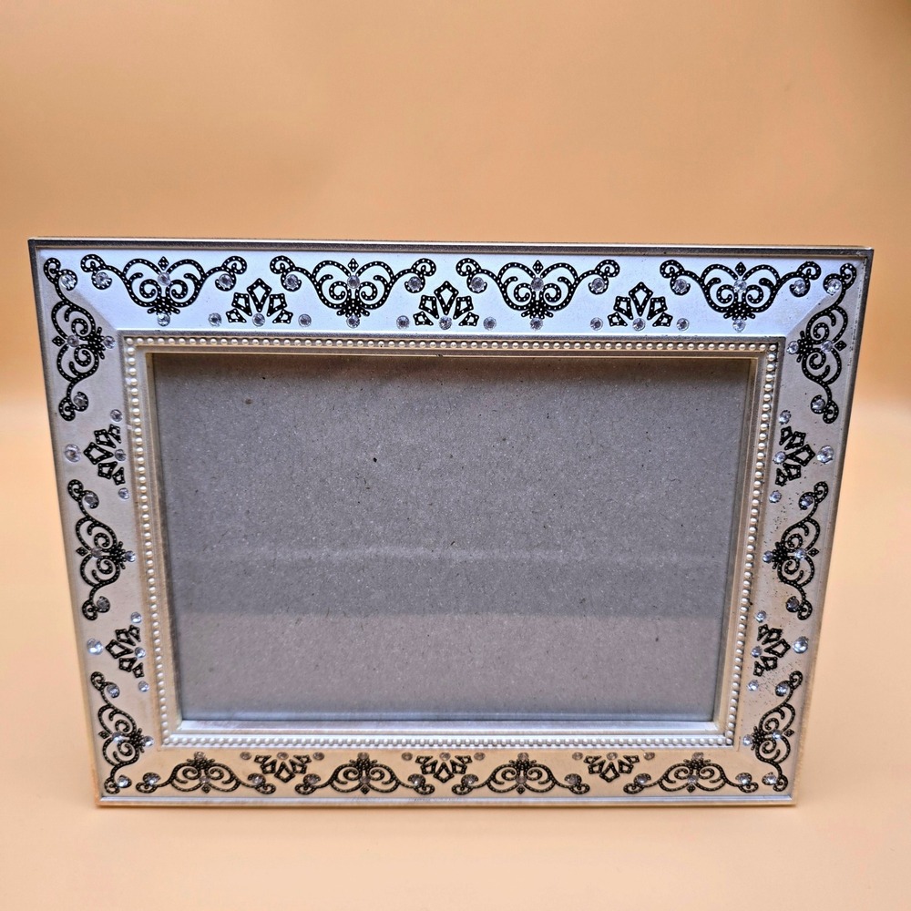 Godinger Silver Tone Scroll Rhinestone 5x7 Photo Picture Frame Beaded Detail